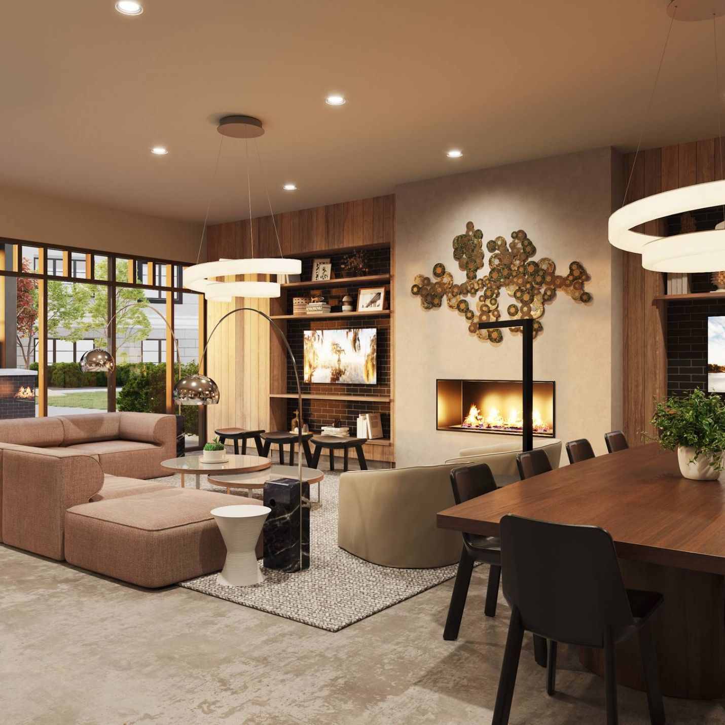 Leawood Village apartments community lounge with couches and coffee tables and beautiful finishes