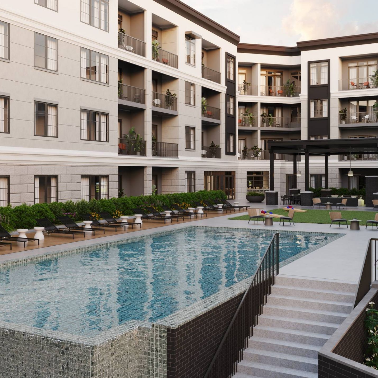 Leawood Village Apartments luxury community pool with outdoor lounge